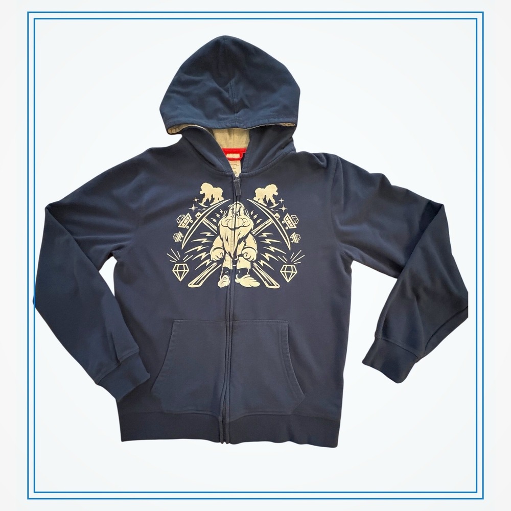 Disney Unisex Hoodie Zip Up Medium Navy Blue Grumpy Seven Dwarfs Graphic EUC‎